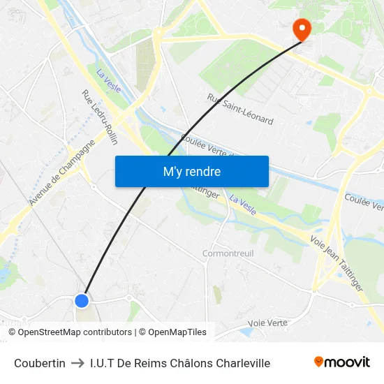 Coubertin to I.U.T De Reims Châlons Charleville map