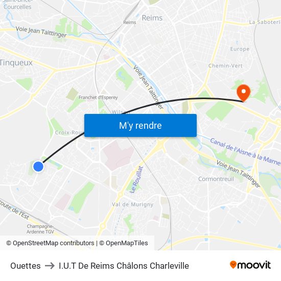 Ouettes to I.U.T De Reims Châlons Charleville map