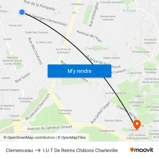 Clemenceau to I.U.T De Reims Châlons Charleville map