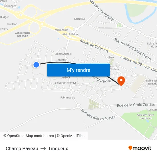 Champ Paveau to Tinqueux map