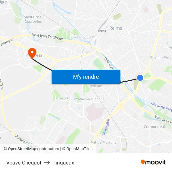 Veuve Clicquot to Tinqueux map