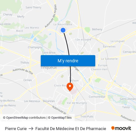 Pierre Curie to Faculté De Médecine Et De Pharmacie map