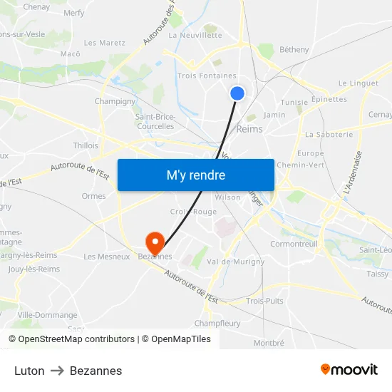 Luton to Bezannes map