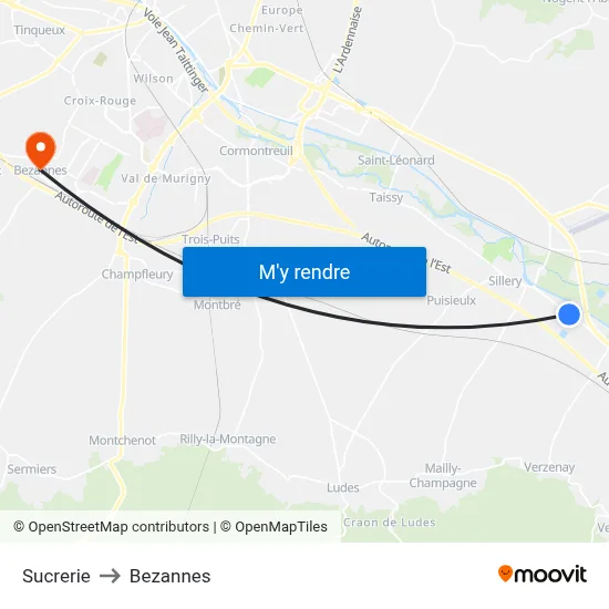 Sucrerie to Bezannes map