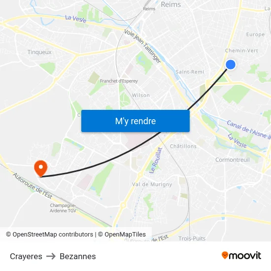 Crayeres to Bezannes map