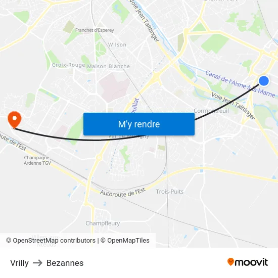 Vrilly to Bezannes map