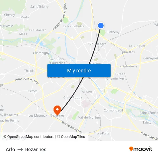 Arfo to Bezannes map