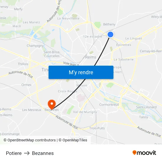Potiere to Bezannes map