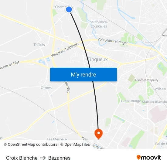 Croix Blanche to Bezannes map