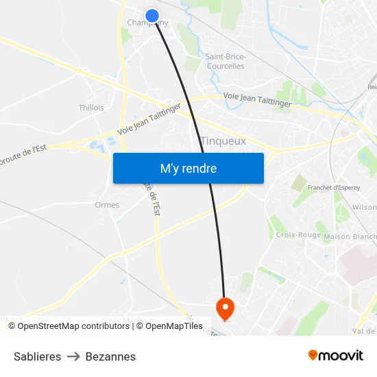 Sablieres to Bezannes map