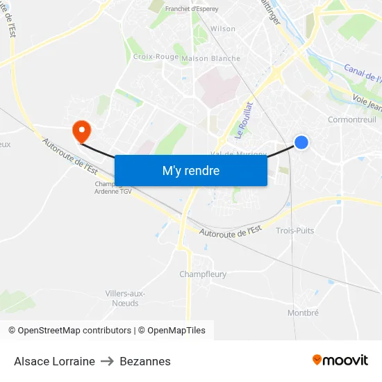 Alsace Lorraine to Bezannes map