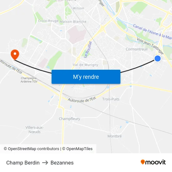 Champ Berdin to Bezannes map