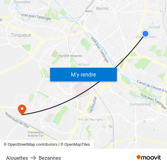 Alouettes to Bezannes map
