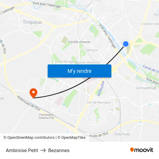 Ambroise Petit to Bezannes map