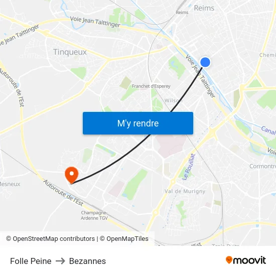 Folle Peine to Bezannes map