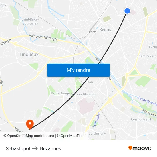 Sebastopol to Bezannes map