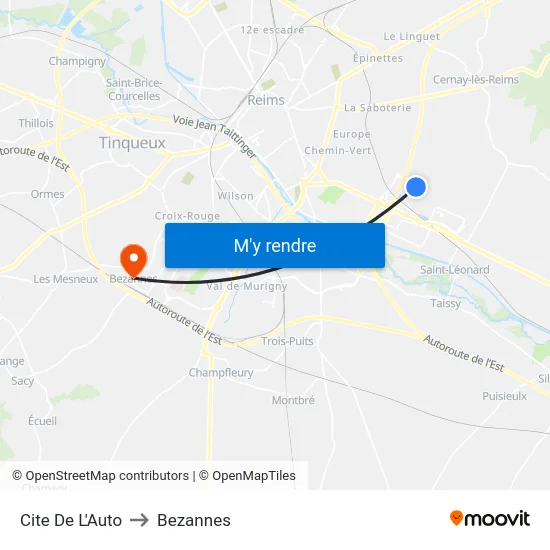 Cite De L'Auto to Bezannes map