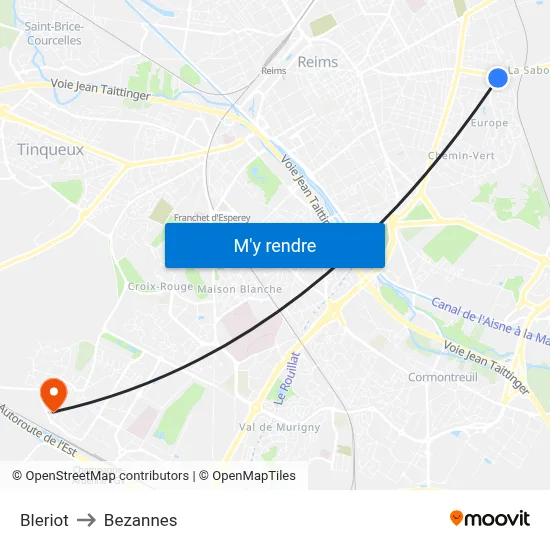 Bleriot to Bezannes map
