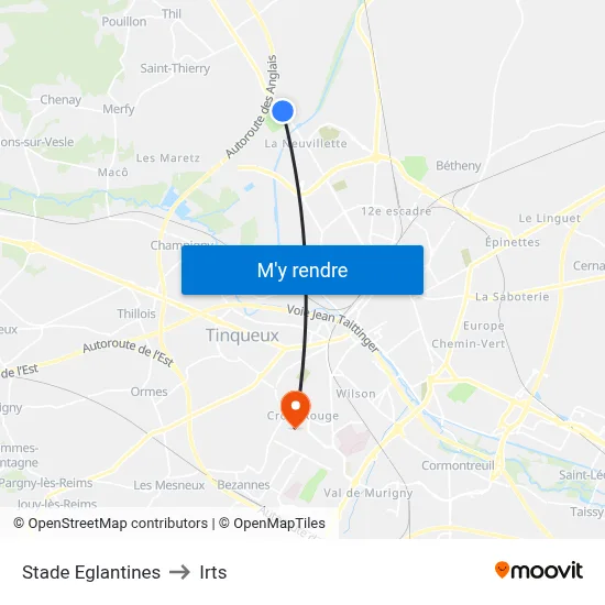 Stade Eglantines to Irts map