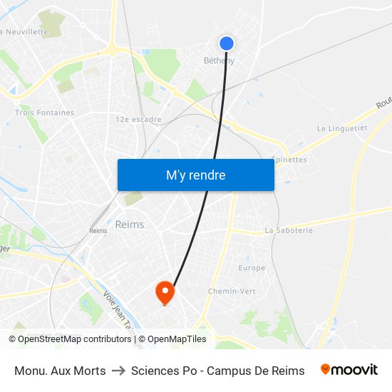 Monu. Aux Morts to Sciences Po - Campus De Reims map