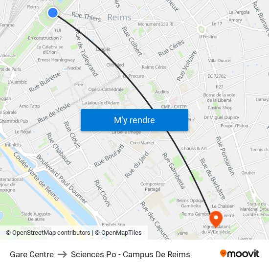 Gare Centre to Sciences Po - Campus De Reims map