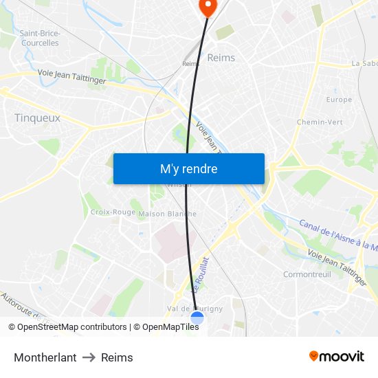 Montherlant to Reims map
