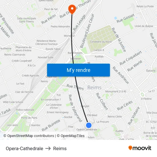 Opera-Cathedrale to Reims map