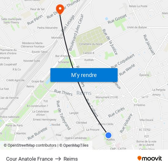 Cour Anatole France to Reims map