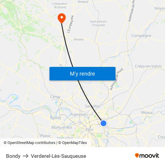 Bondy to Verderel-Lès-Sauqueuse map