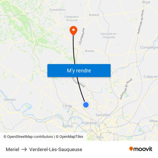 Meriel to Verderel-Lès-Sauqueuse map