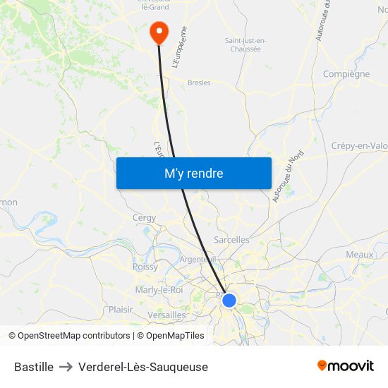 Bastille to Verderel-Lès-Sauqueuse map