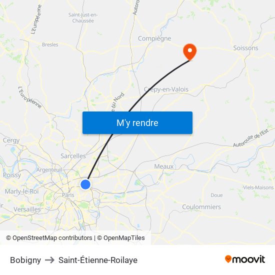 Bobigny to Saint-Étienne-Roilaye map