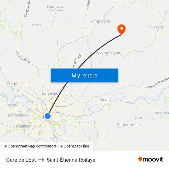 Gare de L'Est to Saint-Étienne-Roilaye map