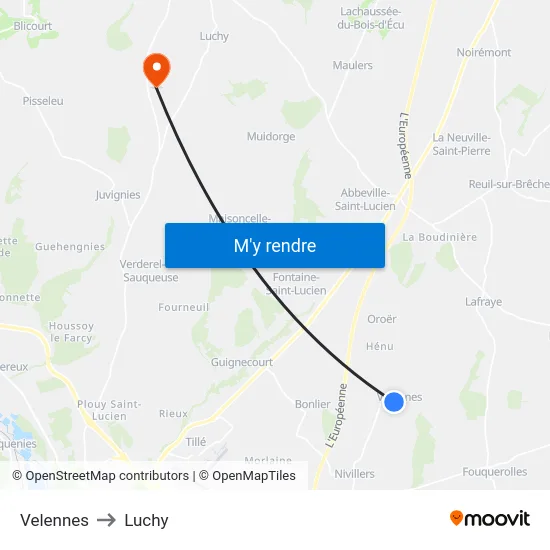 Velennes to Luchy map