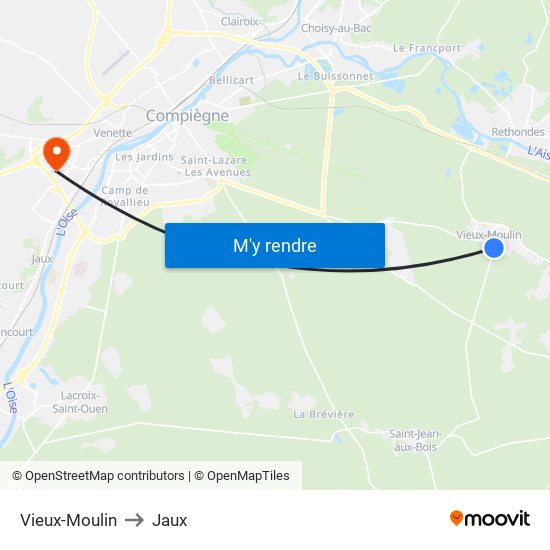 Vieux-Moulin to Jaux map