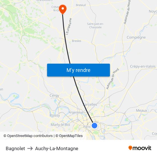 Bagnolet to Auchy-La-Montagne map