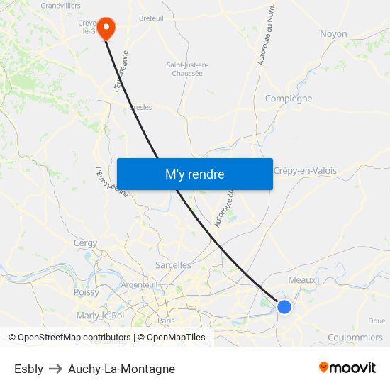 Esbly to Auchy-La-Montagne map