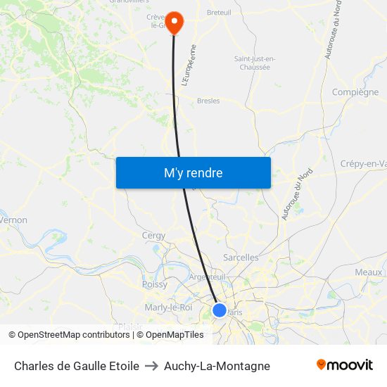 Charles de Gaulle Etoile to Auchy-La-Montagne map