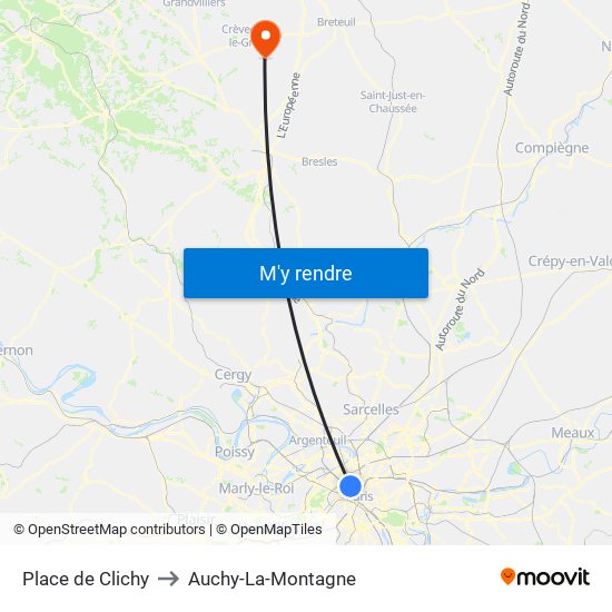 Place de Clichy to Auchy-La-Montagne map