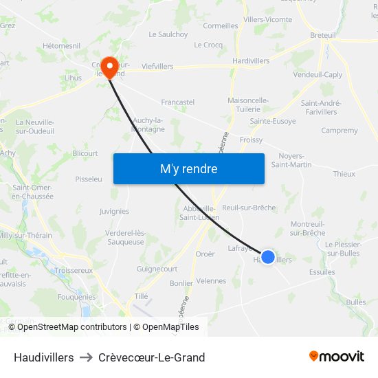 Haudivillers to Crèvecœur-Le-Grand map