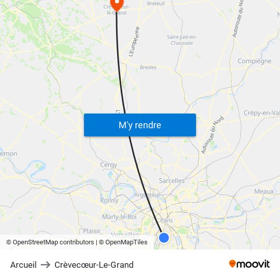 Arcueil to Crèvecœur-Le-Grand map