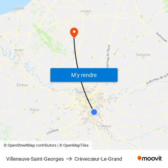 Villeneuve-Saint-Georges to Crèvecœur-Le-Grand map