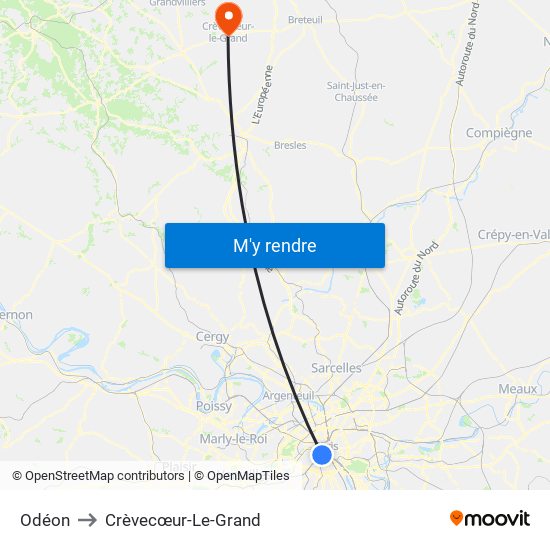 Odéon to Crèvecœur-Le-Grand map