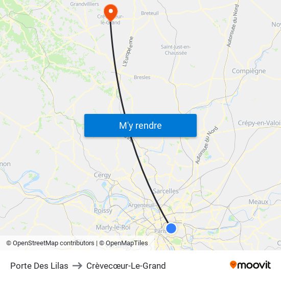 Porte Des Lilas to Crèvecœur-Le-Grand map