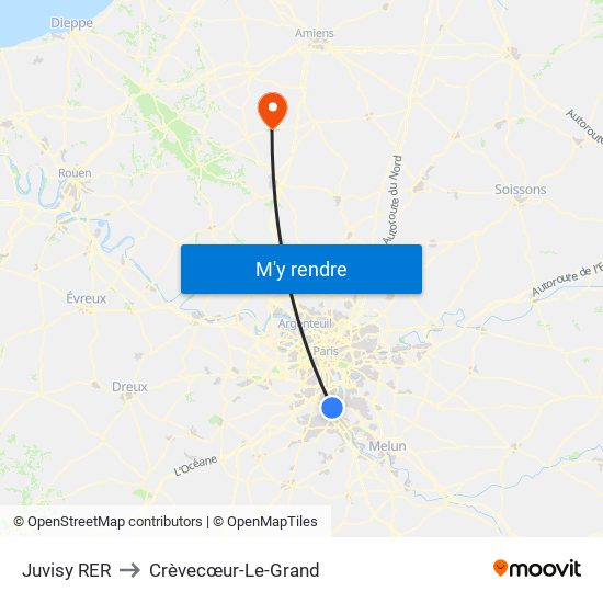 Juvisy RER to Crèvecœur-Le-Grand map