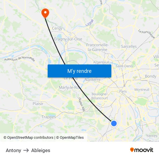 Antony to Ableiges map