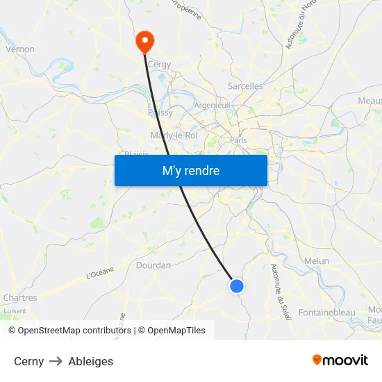Cerny to Ableiges map