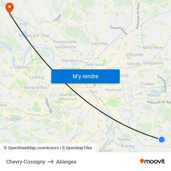 Chevry-Cossigny to Ableiges map