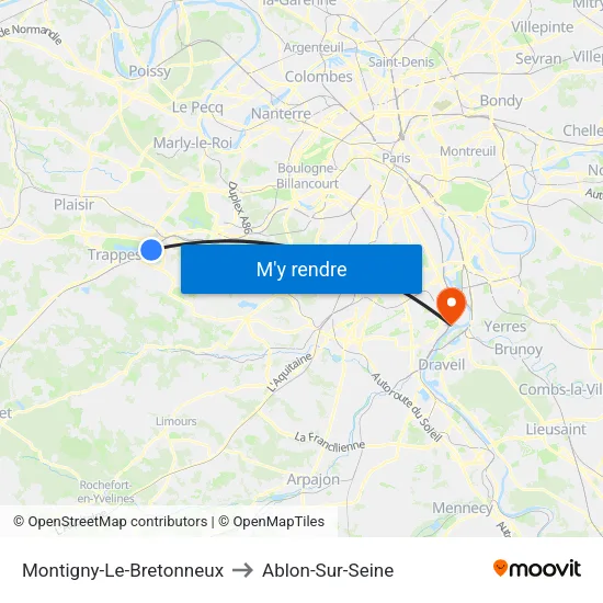Montigny-Le-Bretonneux to Ablon-Sur-Seine map