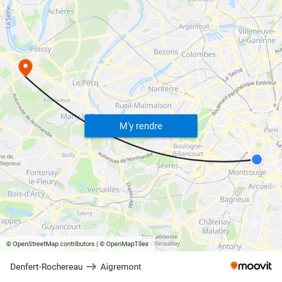 Denfert-Rochereau to Aigremont map